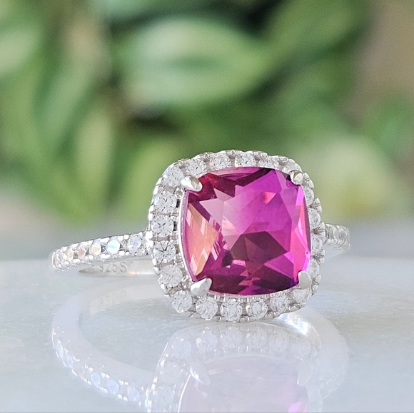 Pink Topaz Cushion Square Gemstone Ring, 925 Sterling Silver Charmed Aroma - Picture 5 of 10